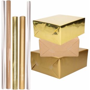 8x Rollen kraft inpakpapier goud/transparant pakket - goud/cellofaan/bruin 500 x 70 cm - 400 x 50 cm - Cadeaupapier