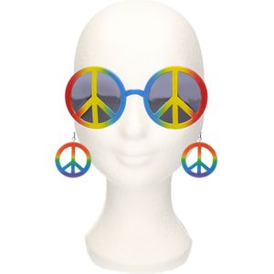 Carnaval Sixties/Hippie/Flower Power Peace oorbellen en zonnebril verkleed set - Verkleedbrillen