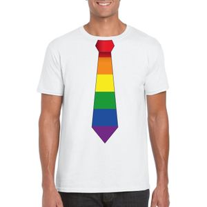 Wit t-shirt met regenboog vlag stropdas heren - Feestshirts