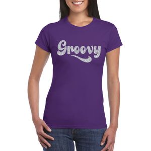 Paars Flower Power t-shirt Groovy met zilveren letters dames - Feestshirts