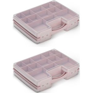 2x stuks opbergkoffertje/opbergdoos/sorteerboxen 21-vaks kunststof oud roze 28 x 21 x 6 cm - Opbergbox