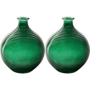 Jodeco Bloemenvaas/flesvaas - 2x - groen - bolvorm met ribbel - D16 x H20 cm