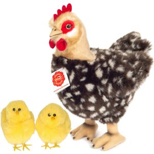 Pluche kip knuffel - 24 cm - multi kleuren - met 2x gele kuikens 7 cm - kippen familie - Vogel knuffels