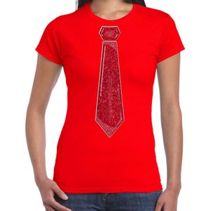 Verkleed t-shirt voor dames - stropdas glitter rood - rood - carnaval - foute party - Feestshirts