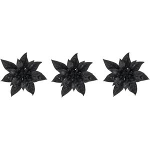 3x stuks decoratie bloemen kerststerren zwart glitter op clip 15 cm - Decoratiebloemen/kerstboomversiering