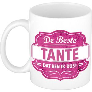 De beste tante cadeau koffiemok / theebeker wit met roze embleem - 300 ml - keramiek - cadeaumok / verjaardagsbeker