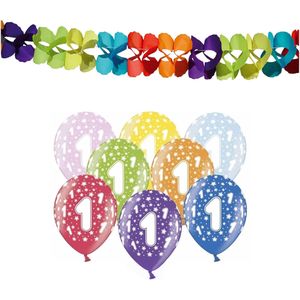 Partydeco 1e jaar verjaardag feestversiering set - Ballonnen en slingers - Feestpakketten