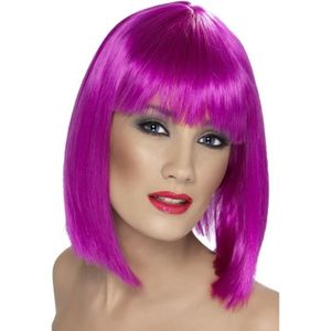Neon paarse korte pruik met pony voor dames - Verkleedpruiken
