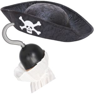 Carnaval verkleed hoed voor een Piraat incl. piratenhaak - zwart - polyester - kinderen - Verkleedhoofddeksels