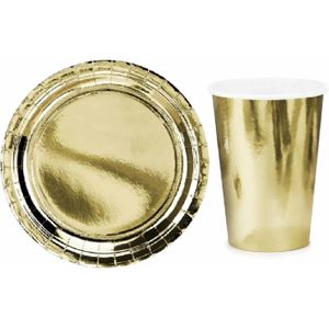 Tafel dekken feestartikelen goud kleur 16x bordjes/16x drink bekers - Feestpakketten
