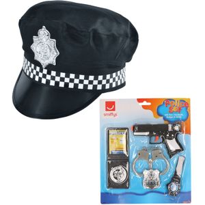 Carnaval verkleed politie agent set - pet/cap zwart met zilveren badge - pistool/badge/handboeien - Verkleedhoofddeksels