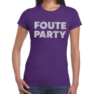 Toppers Foute Party zilveren glitter tekst t-shirt paars dames - Feestshirts