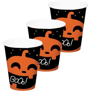 Halloween thema feest beker - 18x - pompoen BoOo! print - papier - 250 ml - Feestbekertjes