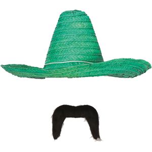 Carnaval verkleed set - Mexicaanse sombrero hoed met plaksnor - groen - heren - Verkleedhoofddeksels
