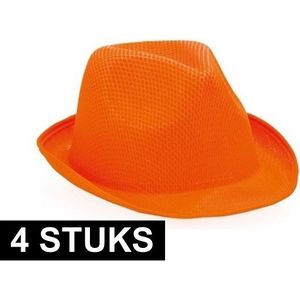 4x Oranje trilby feesthoedje - Verkleedhoofddeksels