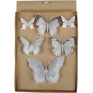 6x stuks Decoratie vlinders op clip grijs 5, 8, 12 cm - decoratief-figuur