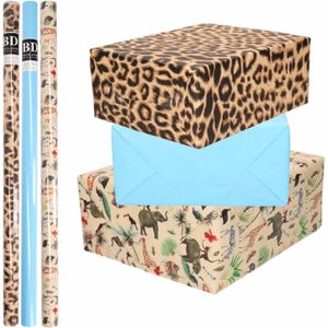 6x Rollen kraft inpakpapier jungle/panter pakket - dieren/luipaard/blauw 200 x 70 cm - Cadeaupapier