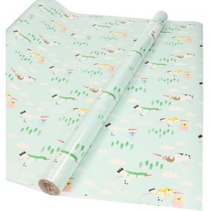 Inpakpapier/cadeaupapier baby - 200 x 70 cm - pastel groen - met ooievaar - Cadeaupapier