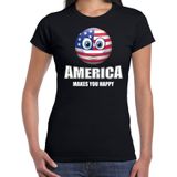 America makes you happy landen t-shirt Amerika zwart voor dames met emoticon - Feestshirts
