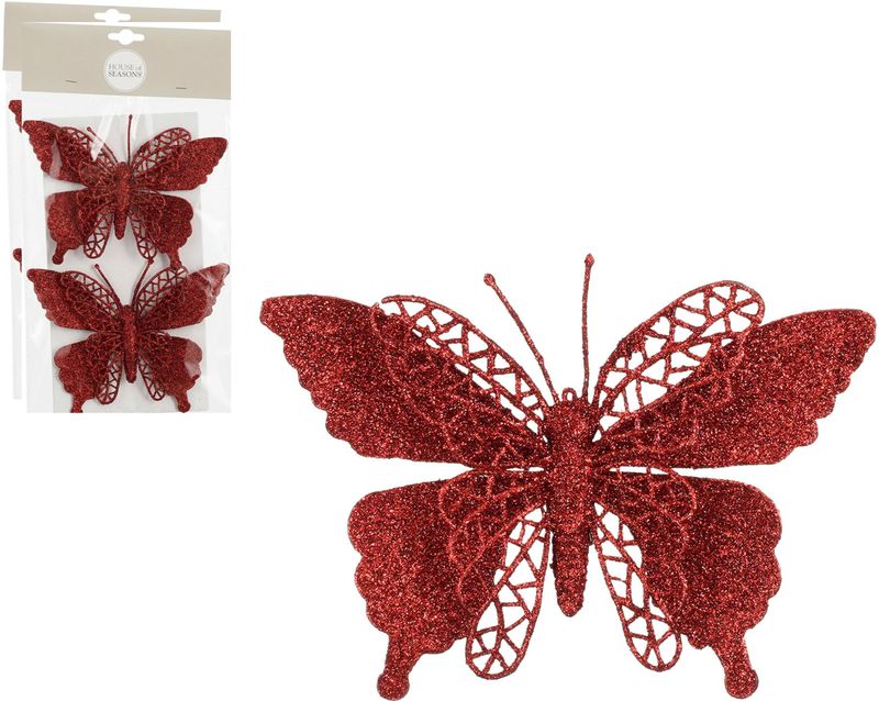 House of Seasons kerstboomversiering vlinders op clip - 4x st - rood - 16 cm