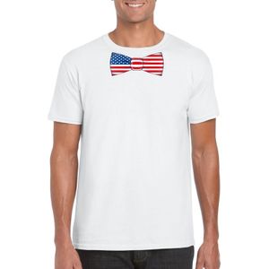 Wit t-shirt met Amerika vlag strikje heren - Feestshirts