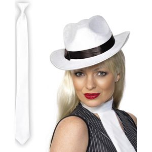 Carnaval verkleed Gangster/maffia set witte hoed met stropdas wit - Verkleedhoofddeksels
