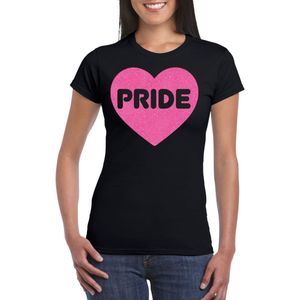 Gay Pride T-shirt voor dames - pride - roze glitter hartje - zwart - LHBTI - Feestshirts
