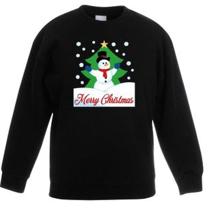 Kersttrui Merry Christmas sneeuwpop zwart kinderen - kerst truien kind