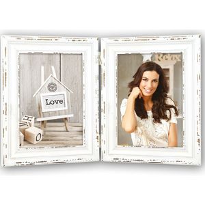 Dubbele houten fotolijst vintage wit geschikt voor een foto van  13 x 18 cm - Fotolijsten