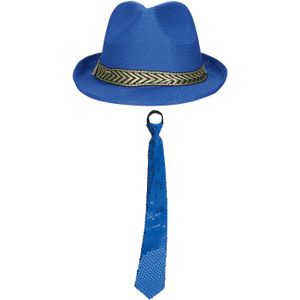Carnaval verkleedset Classic - hoed en stropdas - blauw - heren/dames - verkleedkleding - Verkleedattributen