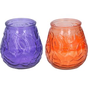 Arti Casa 4x stuks citronella Lowboy tafelkaarsen - 10 cm - oranje en paars glas - geurkaarsen