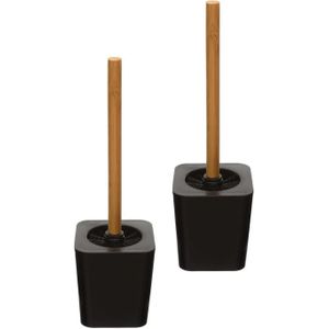 5Five - WC-/toiletborstels houder zwart kunststof/bamboe 38 cm - Set 2x