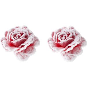 2x stuks decoratie bloemen roos roze met sneeuw op clip 15 cm - Kunstbloemen