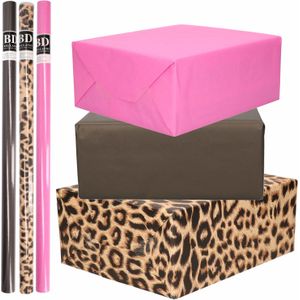 12x Rollen kraft inpakpapier pakket panter/luipaard thema roze/zwart 200 x 70 cm - Cadeaupapier