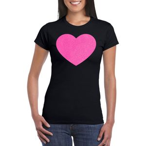 Verkleed T-shirt voor dames - hartje - zwart - roze glitter - carnaval/themafeest - Feestshirts