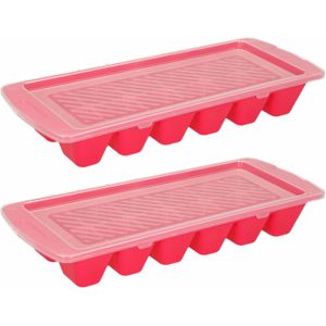 IJsblokjes maken - 2x - bakje met afsluitdeksel - roze - kunststof - 28 x 11 cm