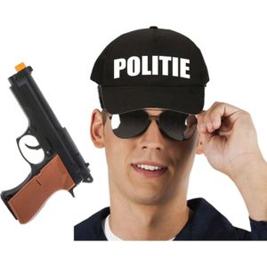 Carnaval verkleed politie agent pet/cap - zwart - pistool/zonnebril - heren/dames - Verkleedattributen