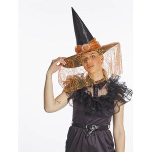 Verkleed heksenhoed - met sluier - zwart/oranje - voor volwassenen - Halloween hoofddeksels  - Verkleedhoofddeksels