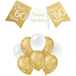 Paperdreams Luxe 60 jaar feestversiering set - Ballonnen &amp; vlaggenlijnen - wit/goud - Feestpakketten