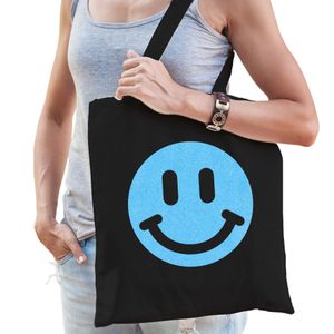 Cadeau tas voor dames - glitter smiley - zwart - katoen - 42 x 38 cm - Moederdag - verjaardag - Feest Boodschappentassen