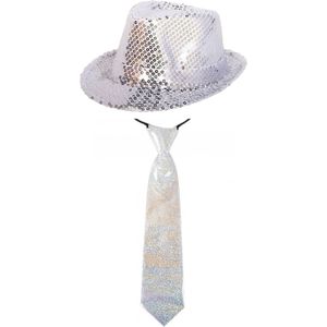 Carnaval verkleed set hoed met stropdas zilver glitters - Verkleedhoofddeksels