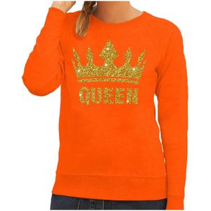 Oranje Queen gouden glitter kroon sweater dames - Feesttruien