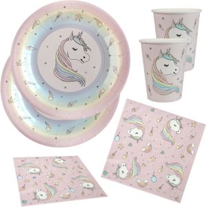 Eenhoorn thema feest wegwerp servies set - 20x bordjes / 20x bekers / 20x servetten - roze - Feestpakketten