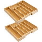 2x stuks uitschuifbare bamboe houten bestekbakken/besteklades 25-40 x 35 x 5 cm - Bestekbakken