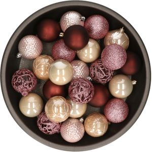 Kerstballen 37x stuks roze/donkerrood/champagne kunststof 6cm - Kerstbal