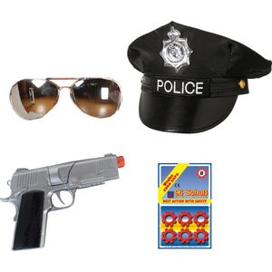 Carnaval verkleed politie agent pet - zwart - pistool 8-shots/zonnebril - heren/dames - Verkleedattributen
