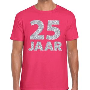 Roze vijfentwintig jaar verjaardag shirt roze voor heren met zilveren bedrukking - Feestshirts