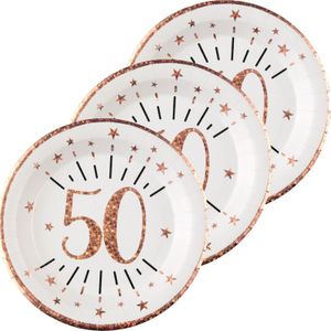 Verjaardag feest bordjes leeftijd - 50x - 50 jaar - rose goud - karton - 22 cm - rond - Feestbordjes