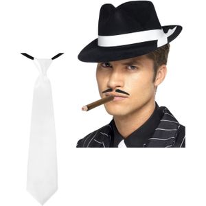 Gangster/Maffia/Capone verkleed set hoed - zwart - met witte stropdas en sigaar - Verkleedhoofddeksels