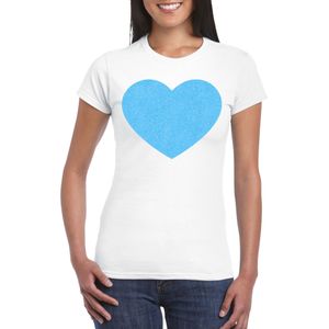 Verkleed T-shirt voor dames - hartje - wit - blauw glitter - carnaval/themafeest - Feestshirts
